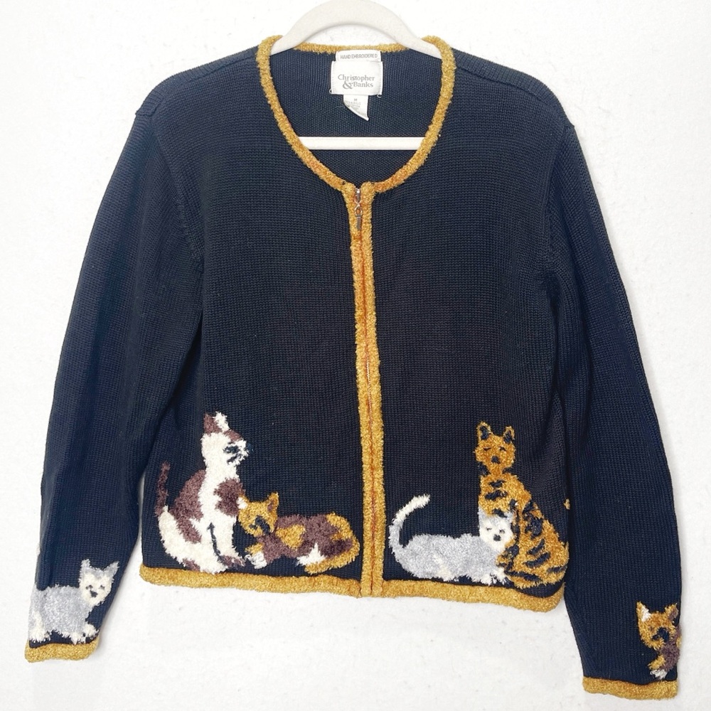 Christopher & Banks Y2K Cat Lady Zip Up Hand Embroidered Knit Cardigan Vintage
